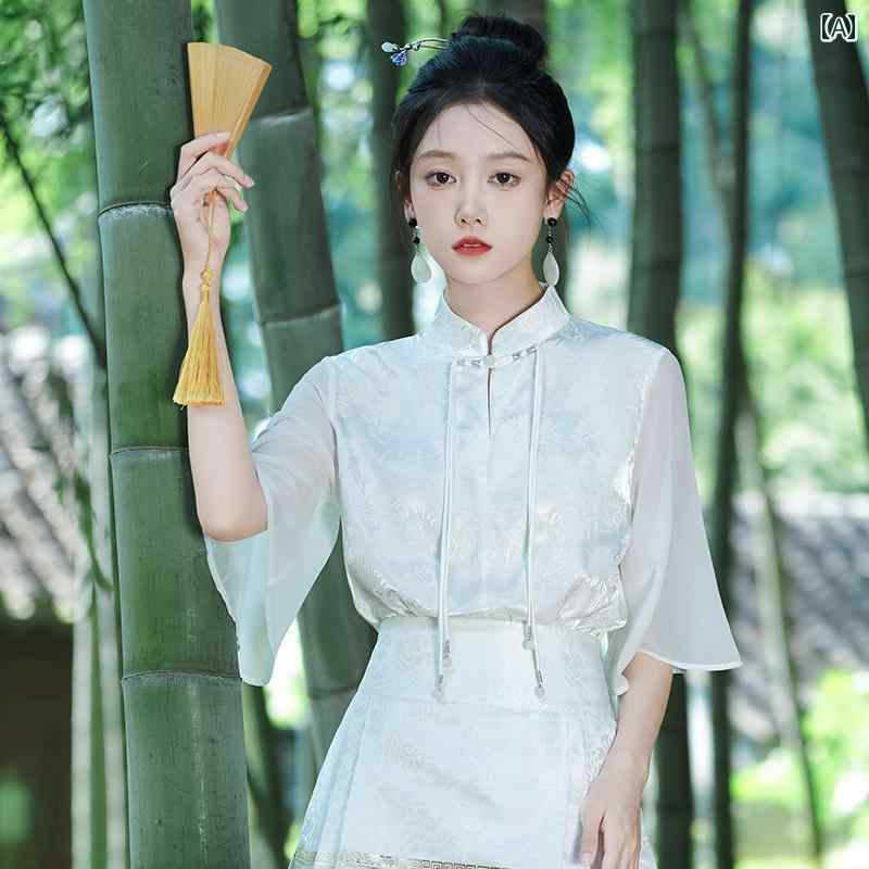 シャツ ロング丈 スカート セットアップ 夏 スタンドカラー 漢 中国風 レディース レトロ 五分袖 ゆったり ホワイト