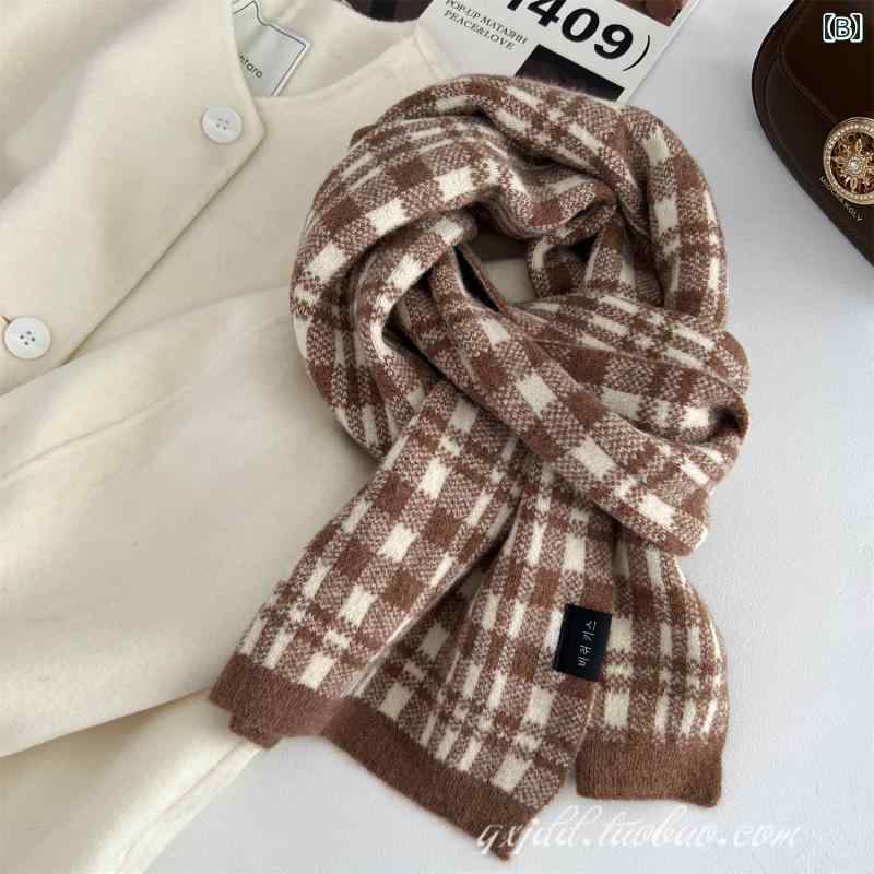 ニット ウール マフラー おしゃれ 韓国 スカーフ レトロ チェック柄 厚手 白 紫 黒白 チェック柄 スカーフ
