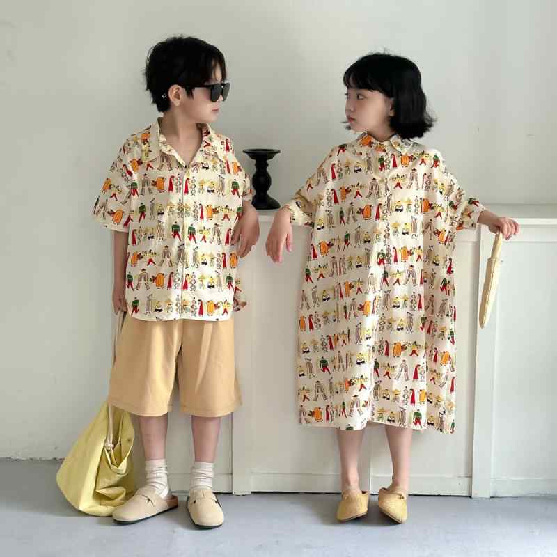キッズ 子供服 姉弟 兄妹 双子 柄シャツ おしゃれ 異国 夏 メンズ レディース 韓国 カラフル ポップ ア..