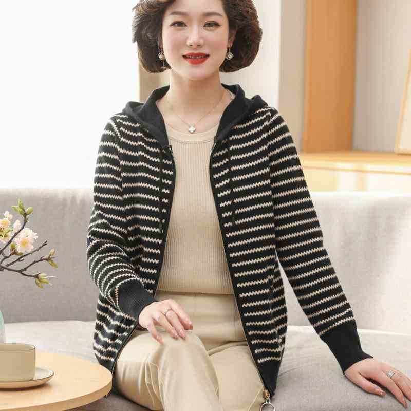 ジャケット カーディガン ニット 上着 おしゃれ お母さん レディース ストライプ スプリング ショート 大きめサイズ フード ジッパー カジュアル
