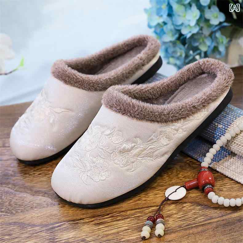レディース スリッパ おしゃれ 履きやすい 冬用 ソフト ソール ホーム アンティーク 古風 綿 裏起毛 保温性 エスニック 刺繍入り ウール 女性用