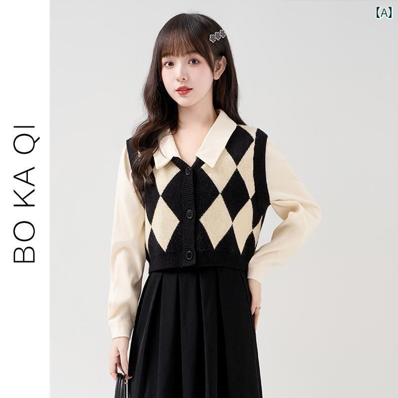 レディース ファッション 春秋 ポロ 襟 菱形 カラーマッチング フェイク ツーピース セーター 女性 ショート カーディガン