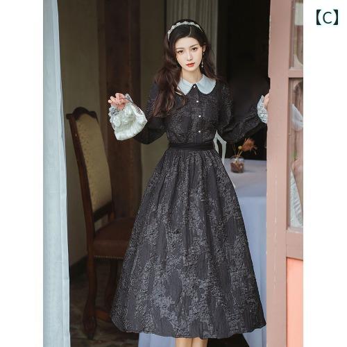 レディース ファッション フランス風 オールシーズン レトロ ウエスト ゴム シングル ブレスト パフスリーブ ミモレ丈 スカート 秋