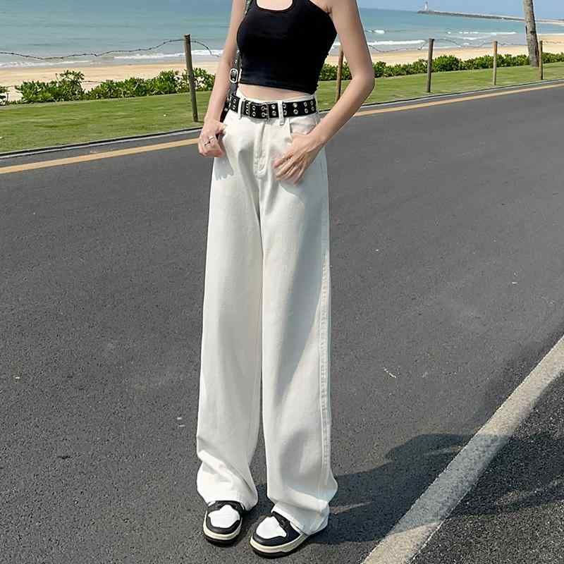 Straight Jeans - パンツ デニム レディース 秋冬 女性用 ホワイト ワイド レッグ ジーンズ ハイウエスト スリム ドレープ ストレート レッグ フロアレングス