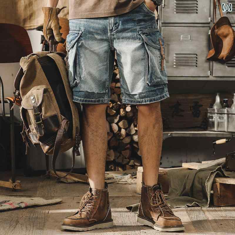 ハーフ パンツ クラシック アメリカ ワークウェア メンズ レトロ デニム ショート パンツ 夏 ストレート カジュアル レジャー ポケット 五分丈