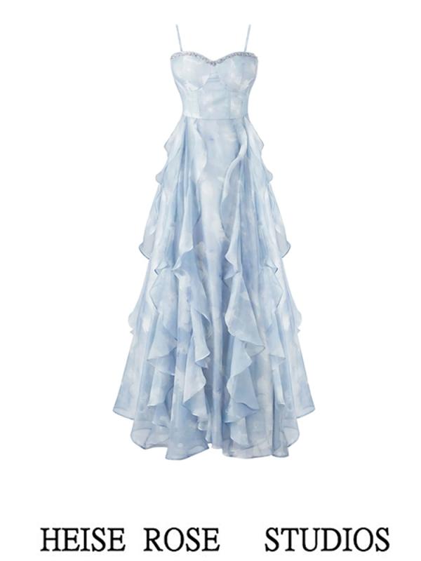 レディース 夏 サマー ワンピース 大人かわいい ティーブレイク フレンチブルー サスペンダー ドレス 女性 海辺 休暇 ビーチ ロング サン フェアリー スカート