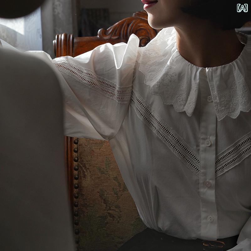 レディース シャツ ブラウス 長袖 コットン レース フリル襟 ロマンティック アンティーク ランタンスリーブ レトロ シック ボヘミアン クラシカル トップス フェミニン 大人かわいいおしゃれ
