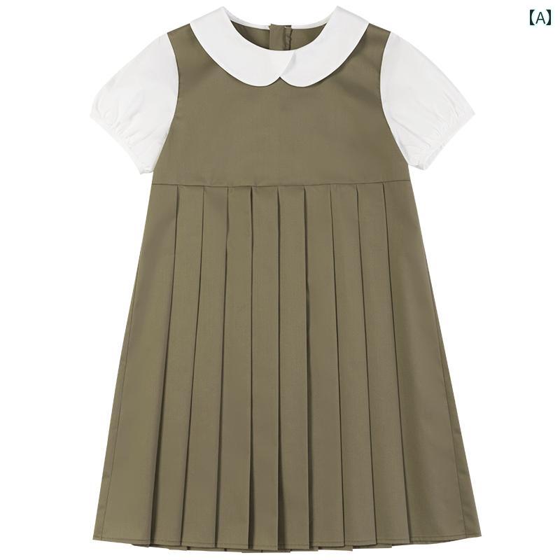 ドレス ワンピース かわいい 子供服 夏 フェイク ツーピース コントラスト 半袖 プリーツスカート ベビー カジュアル カレッジ スタイル 女性