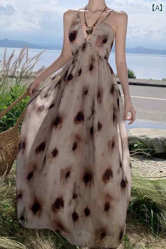 レディース リゾート ワンピース フランス レトロ スフマート プリント V ネック サスペンダー ドレス 魅惑的 背中 開いた ティー ブレ..