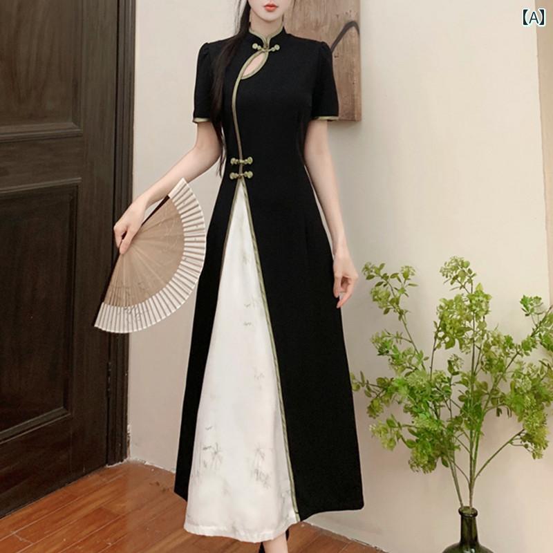 China Dress - レディース ファッション チャイナ風 レトロ バックル チャイナドレス 夏 大きめサイズ スリム 腹カバー ドレス
