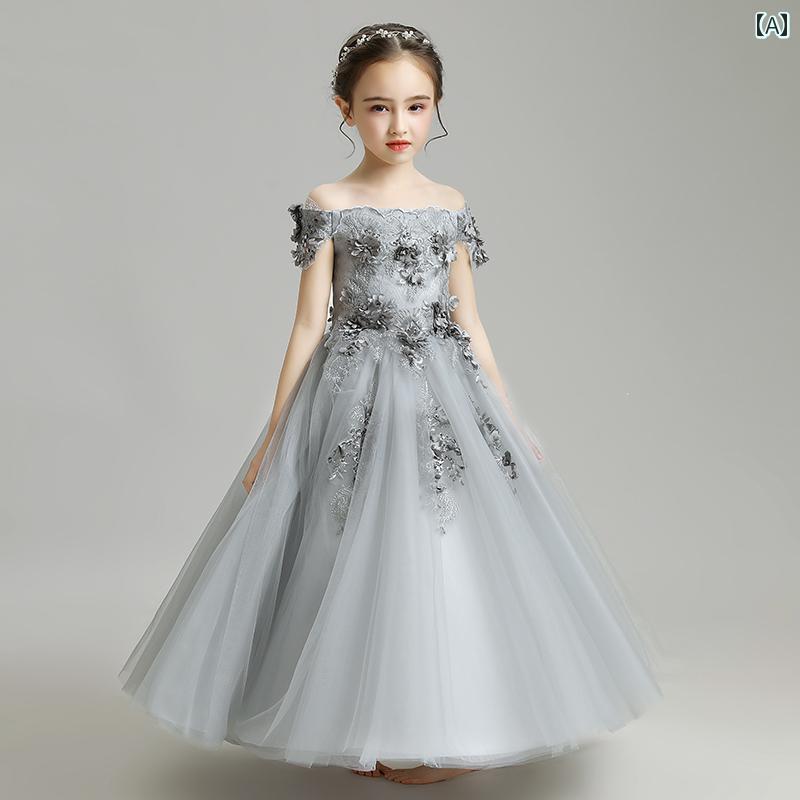 Other - 女の子 ウェディングドレス プリンセス ドレス キッズ イブニングドレス ふわふわ ワンショルダー ロングドレス ステージ ピアノ 演奏 おしゃれ レディース