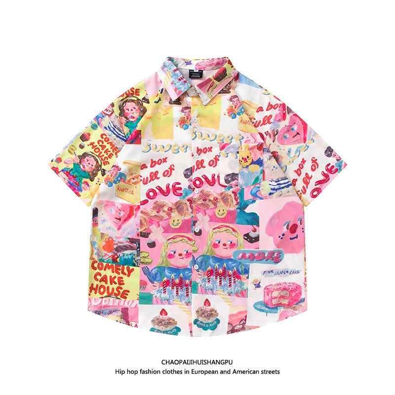 メンズ レディース 総柄シャツ アメリカ 楽しい 油絵 プリント カップル 半袖 シャツ 快適 シャツ 夏 にぎやか柄 かわいい