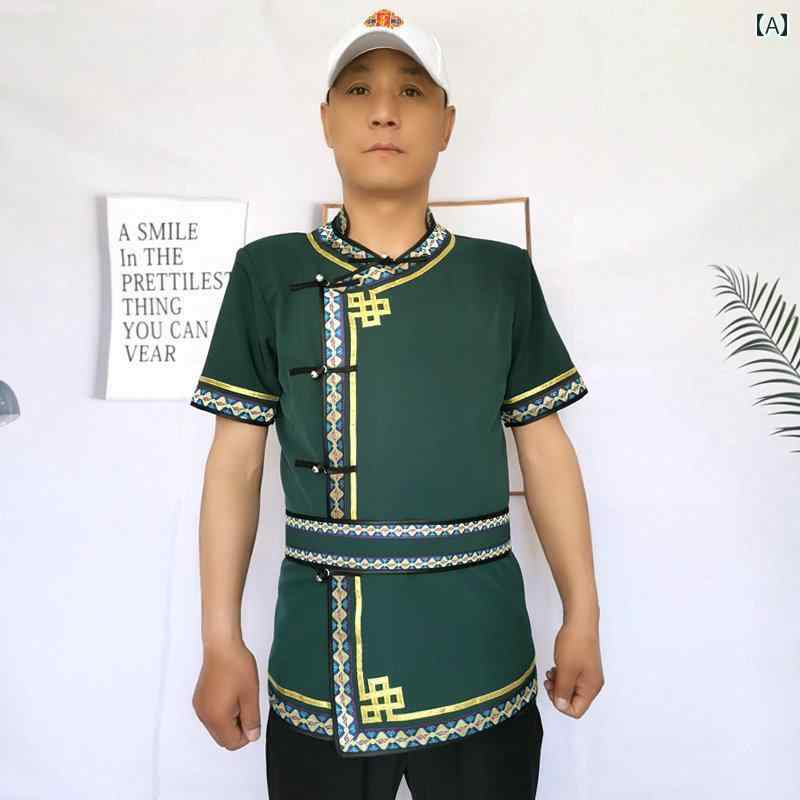モンゴル メンズ 紳士服 半袖 普段使い生活 エスニック 夏 モダン シャツ スタンドカラー 仕事着