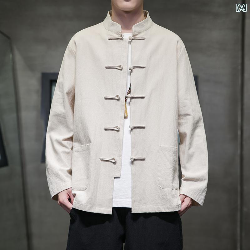 樂天商城 - メンズ 中華風 綿 リネン 長袖 シャツ 秋 漢服 中国 唐 スーツ ボタン トップス ジャケット