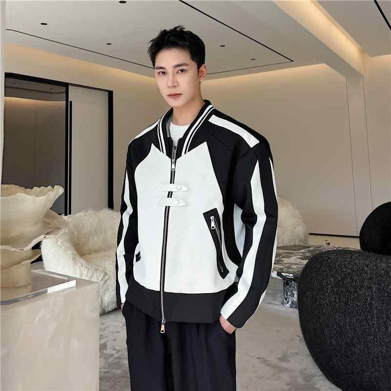 ジャケット メンズ 秋 春 カジュアル かっこいい 野球 ユニフォーム ハイエンド 韓国 黒白 ステッチ スタンドカラー