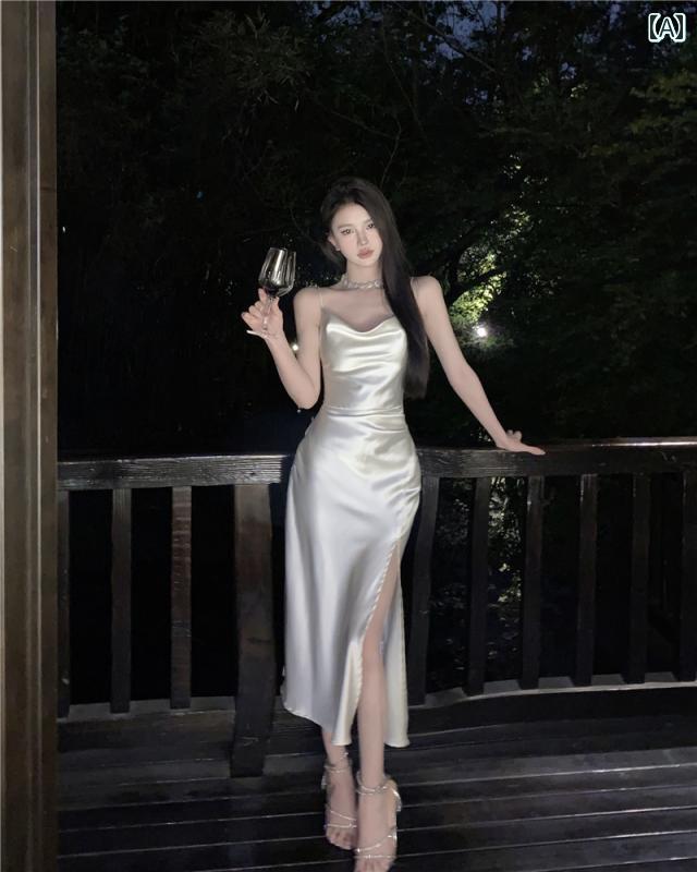 ドレス パーティー レディース ホリデー リゾート フレンチ サテンドレス サスペンダー お姫様 風 スリット セクシー ロング
