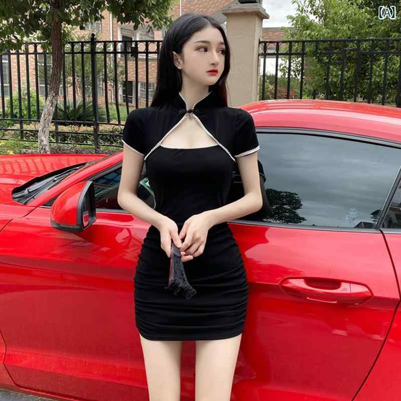 China Dress - チャイナドレス レディース 半袖 ショート ドレス タイトワンピース セクシー タイト スタイリッシュ かわいい おしゃれ 中華風 イベント パーティー お祝い キャバ キャバ 夜 デート アップ 映え
