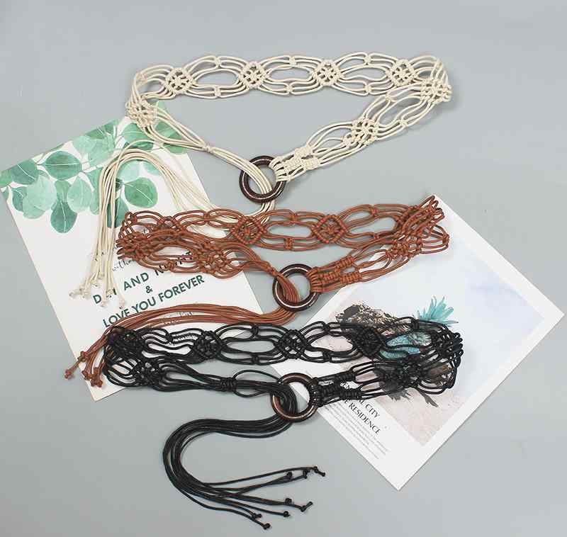 レディース 手織り 麻 ロープ 木 バックルベルト ドレス 合わせた ボヘミアン 装飾 ウエスト チェーン レトロ エスニック ファッション