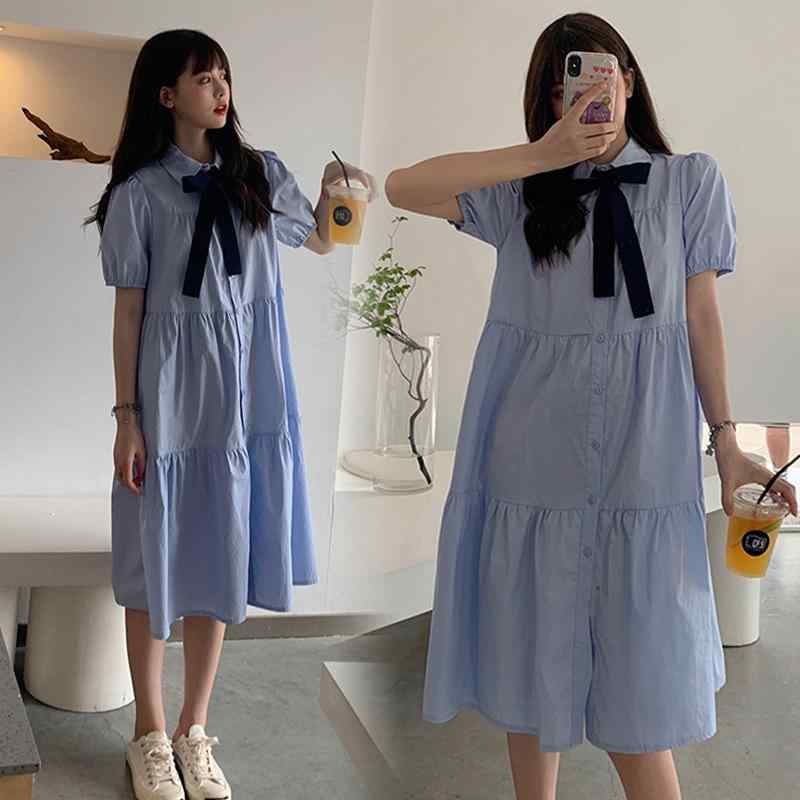 マタニティ 韓国 半袖 スカート 夏 シャツ トップス マタニティドレス ミモレ丈 リボン