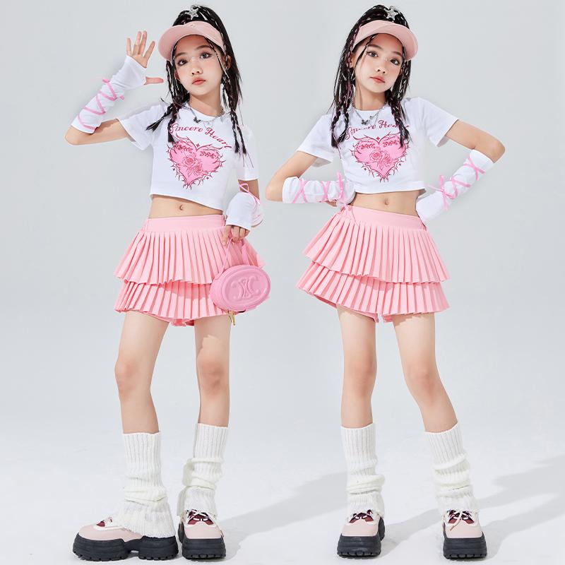 子供服 女の子 男の子 Tシャツ へそ出し ミニスカート 夏 コスチューム バンド ダンス ヒップホップ チアリーディング パフォーマンス 衣装 セットアップ クール かっこいい キッズ