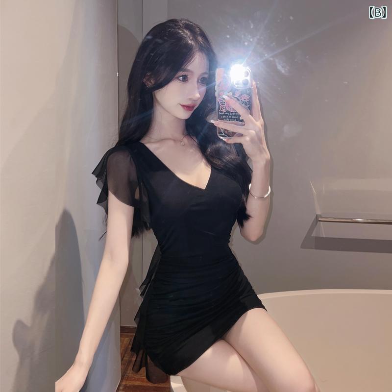 レディース ドレス 魅惑 フレンチ レディース メッシュ ドレス レディース 夏 ウエストスリム キャバドレス vネック 春夏秋