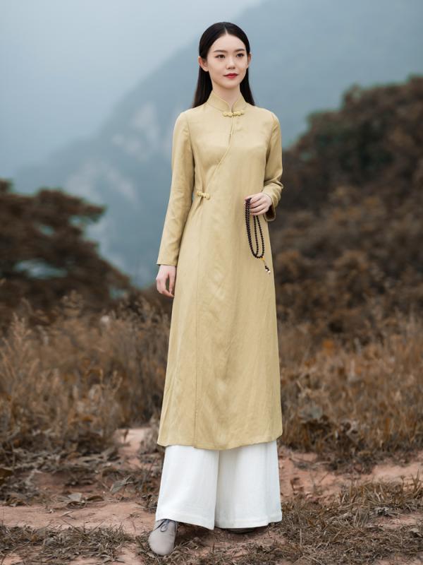 ドレス レディース 秋 春 チャイナ服 アオザイ 中華風 レトロ バックル 漢服 チャイナ 女性 綿 麻 文学 芸術 瞑想服 茶師服 サービス