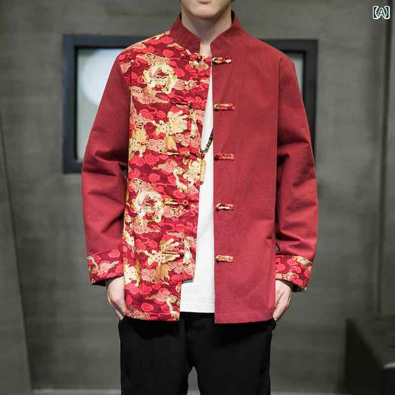 맨즈 봄 여름 차이나풍 긴소매 셔츠 재킷 레트로 콘트라스트 칼라 당장 한복 큰 사이즈