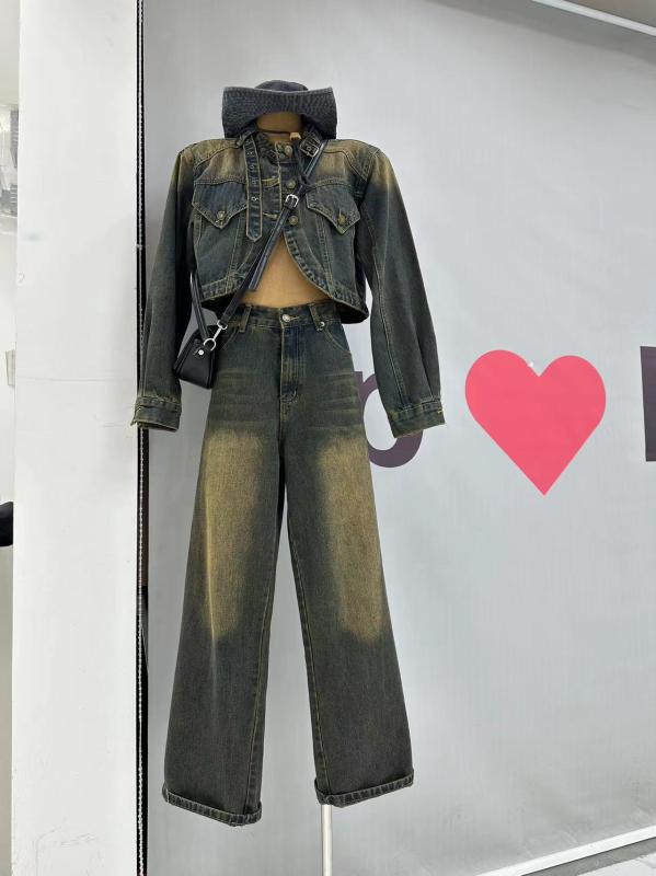 パンツ レディース ファッション セットアップ ダメージ 加工 ショート オートバイ デニムジャケット + ワイド レッグ スーツ