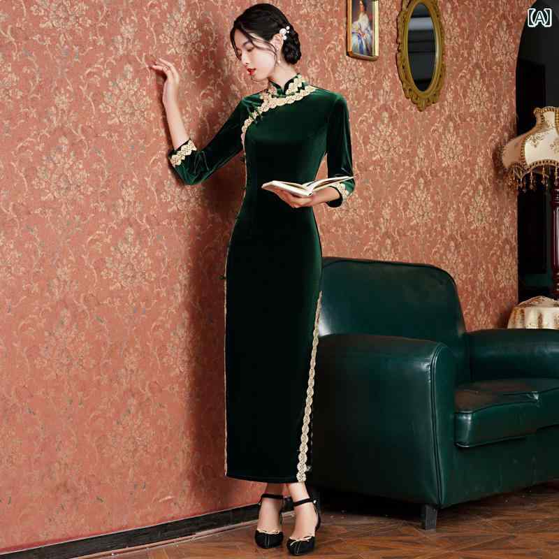 ドレス チャイナ エレガント レディース パフォーマンス 民族服 ダーク グリーン 古風 ゴールド ベルベット 秋 中華風 レトロ 普段使い 日常着 ハイエンド