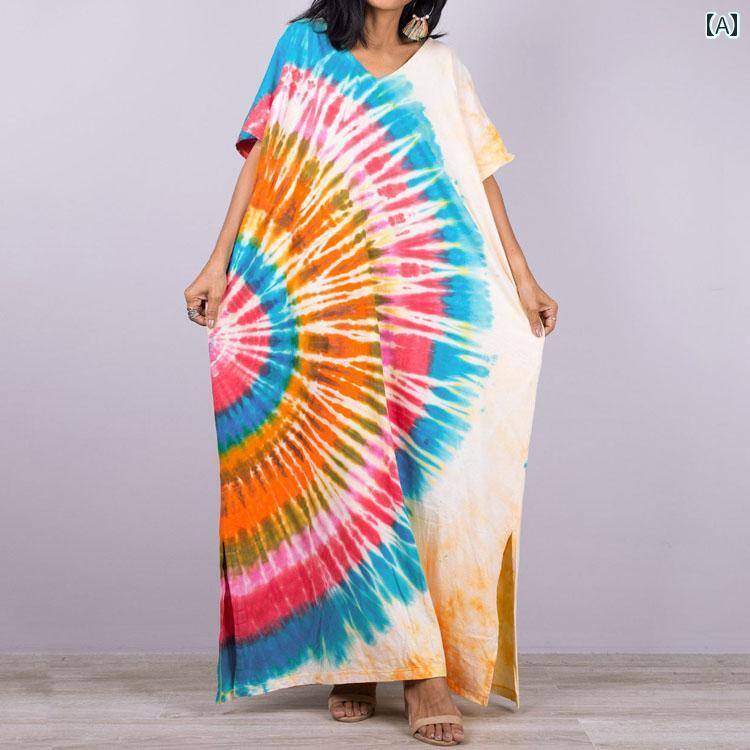 レディース リゾート ワンピース エスニック 絞り染め ホリデー ロング スカート 旅行 ドレス大 サイズ ルース 海辺 ビーチ 女性