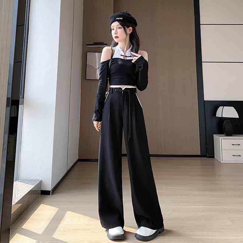 春 レディース ファッション チャイナ風 ハイウエスト 豪華感 カジュアル 多彩 スリム ワイドレッグ パンツ ロング丈 レトロ シック おしゃれ クール