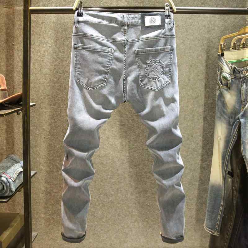デニムパンツ グレー ファッション プリント ジーンズ メンズ カジュアル パンツ オールシーズン スリム 薄手 ストレッチ デニム