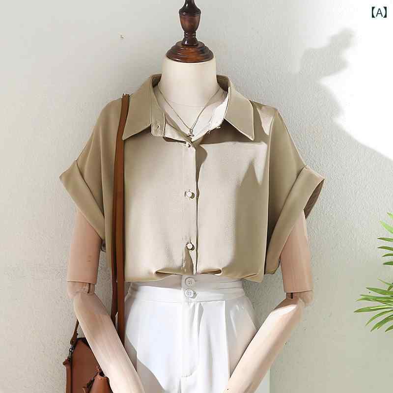 レディース 夏 カジュアル ブラウス 半袖 シャツ ドレープ サテン 少し ゆったり トップス