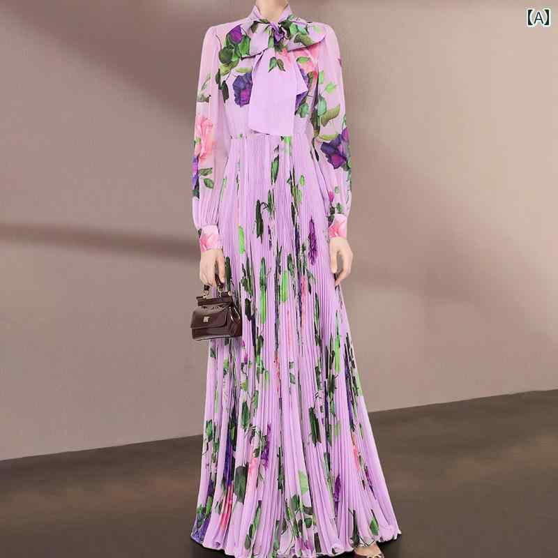 レディース フレンチ 紫 花柄 ドレス 長袖 プリーツスカート スリム スカート プリント ロング