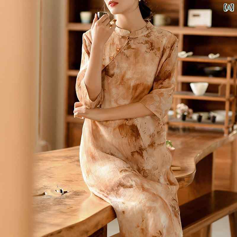 夏 チャイナ ドレス ワンピース レトロ エスニック ラミー スカート 中華風 婦人服 文学 瞑想 茶 女性