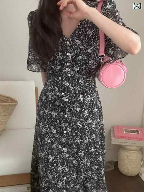 レディース 夏 ワンピース かわいい サマー ワンピ 韓国 シック 若々しい 花柄 V ネック 膝上 多目的 シングルブレスト レースアップ ウエスト ドレス