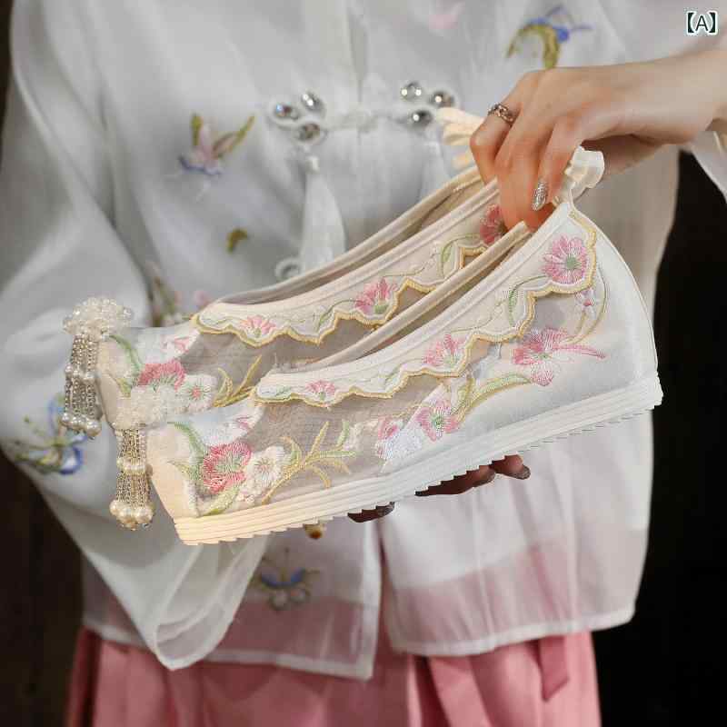 Summer pumps, ethnic style, fashionable, comfortable women's shoes, mesh, Hanbok style, retro style, upward-facing head embroidery, sandals, student, Ming Dynasty, Tang Dynasty, Song Dynasty