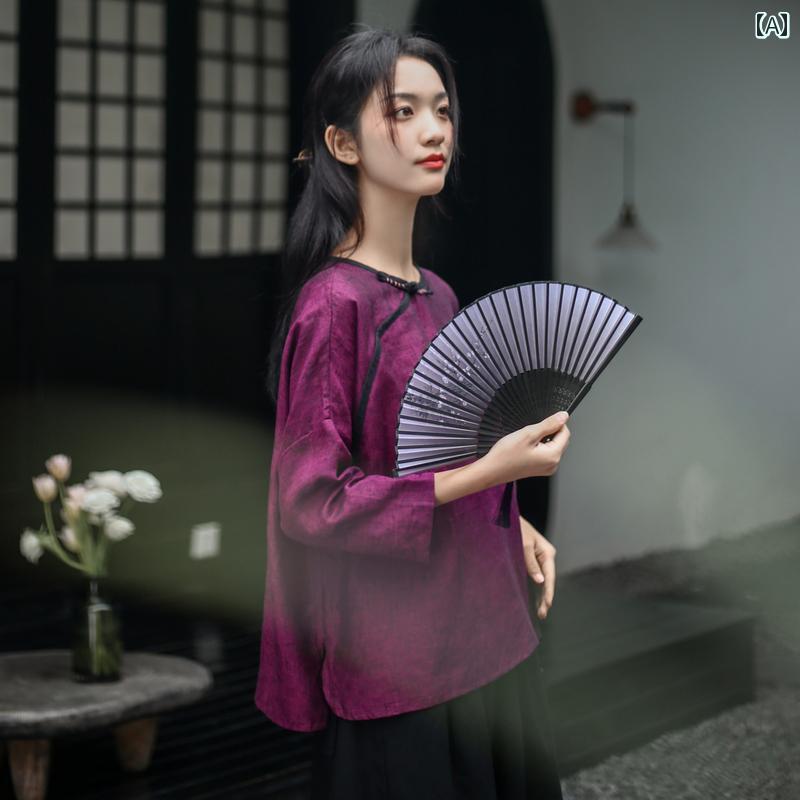 レディース チャイナ風 セットアップ 爽やか パープル リネン 中国 瞑想茶師服 茶 春夏 大きいサイズ 唐装 大きいサイズ トップス セット スリット ワイドレッグパンツ(4.0)