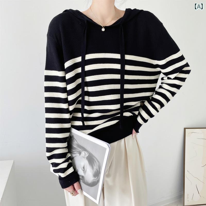 レディース 秋冬 カレッジ ストライプ フード スウェットシャツゆったり プルオーバー セーター 女性