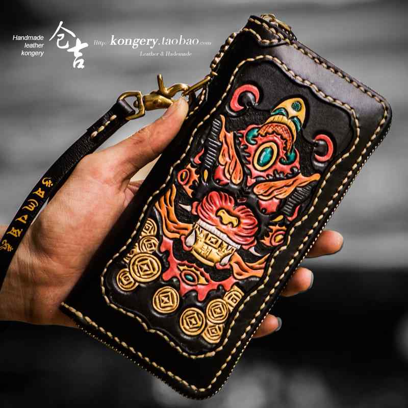 長財布 ロング ウォレット バイカー 財布 メンズ レディース ロング ファスナー バッグ 牛革 刻印 財布 サイフ 革 マネー クロス レザーバッグ クラッチバッグ(4)