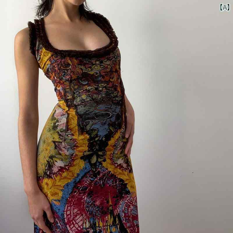 レディース ワンピース アハ ガガ レトロ ノースリーブ タイダイ柄 プリント ロング スカート スタイリッシュ ホロー ストラップ U ネック アメリカ ドレス