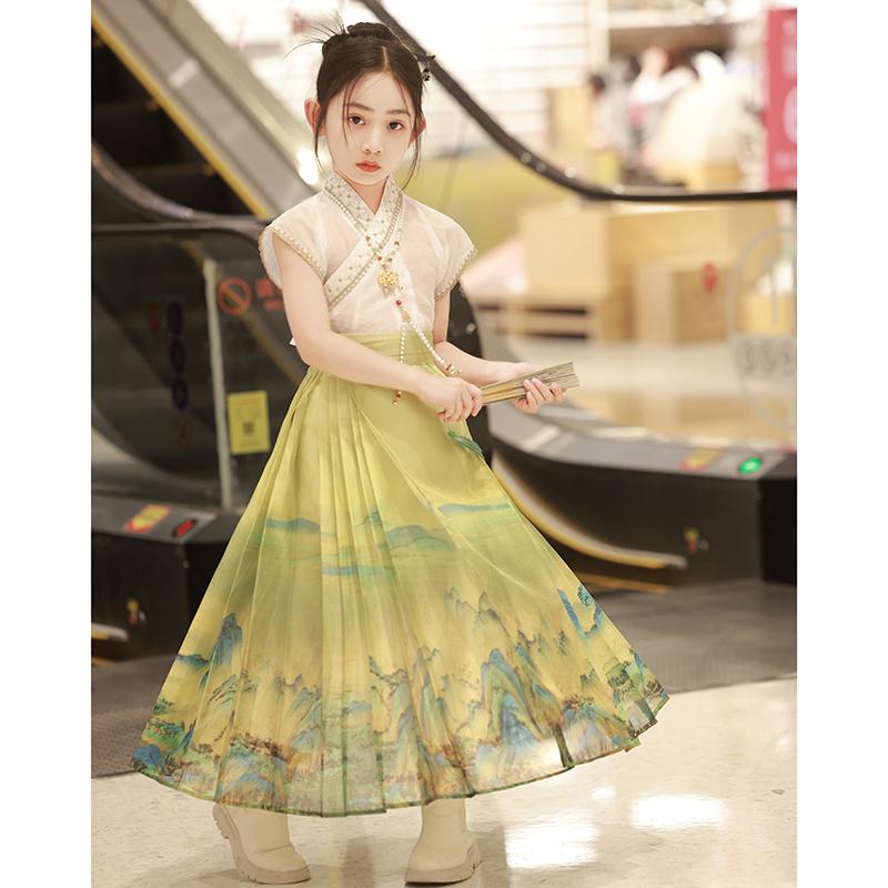 キッズ 女の子 シャツ ブラウス スカート 中国風 さわやか レトロ レトロ イベント 伝統 夏 薄手