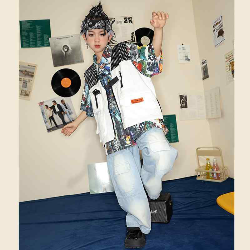 子供服 女の子 男の子 シャツ ベスト ジーンズ コスチューム バンド ダンス ヒップホップ ストリート系 パフォーマンス 衣装 クール かっこいい キッズ