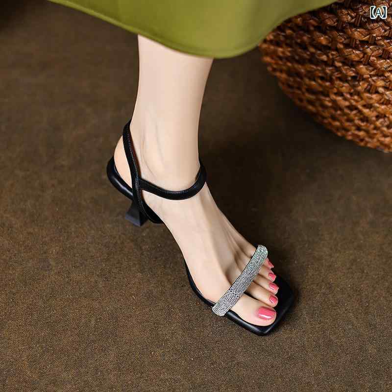 レディース ラインストーン 夏 ミュール サンダル ハイヒール 美脚見え おしゃれ スタイルアップ フレンチ ソフトレザー ソフト ソール 女性用 スティレット...