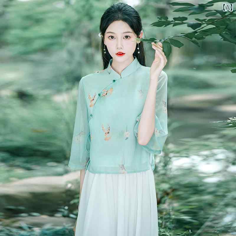 唐服 レディース 中国風 漢服 瞑想 レトロ シンプル ボタン ナチュラル トップス オリエンタル セットアップ スカート