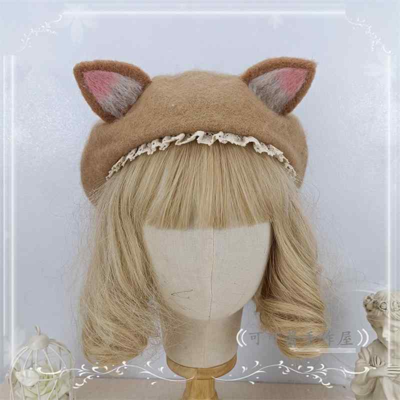 秋冬 ぬいぐるみ ブラウン ベレー 帽 猫耳 帽子 キャメル 和風 ガーリー 快適 春秋冬(3.0)