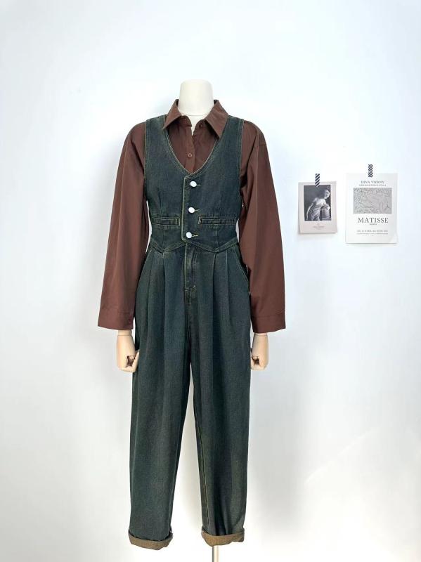 パンツ オーバーオール つぎ レディース カジュアル おしゃれ 作業着 フレンチ レトロ スリム ハイウエスト 無地 ノースリーブ デニム ジャンプ スーツ