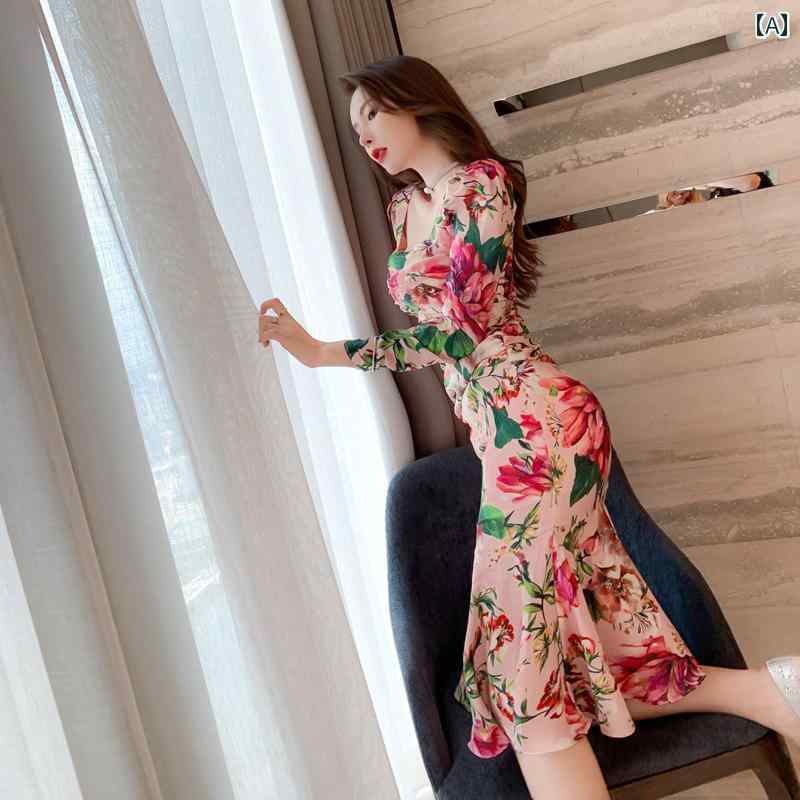 レディース リゾート ワンピース ドレス フレンチ スクエア ネック お姫様 花柄 ストリート 春秋 フィッシュ テール ロング ヒップ カバー スカート