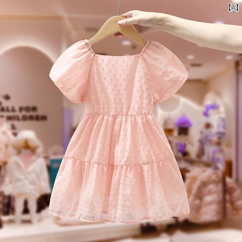 ドレス スカート キッズ ウェア ガールズ 夏 子供服 韓国 ウエスタン プリンセス 夏 スクエアネック 中型 大型 子供用