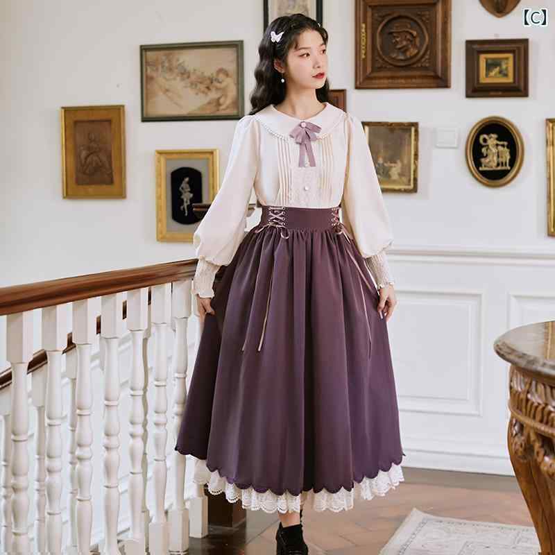 レディース スカート ブラウス シャツ セットアップ セットアップ レトロ レースアップ フリル レース リボン ブローチ